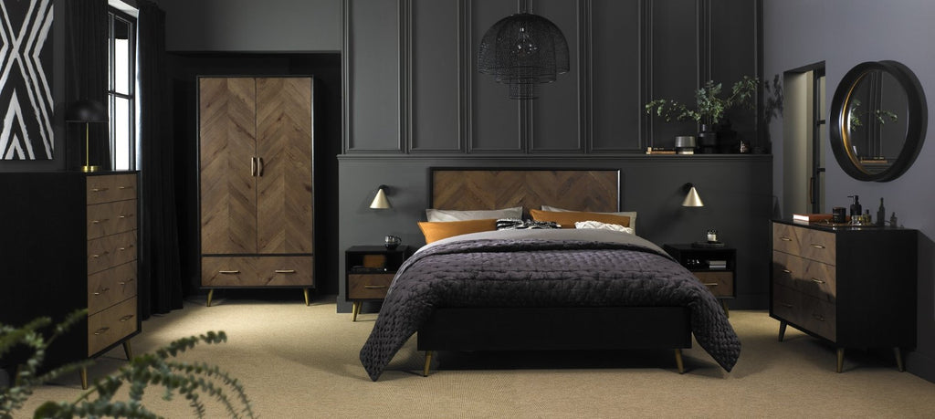 Dark Oak and Black Double 2 Door 1 Drawer Wardrobe - Home Furniture Interiors