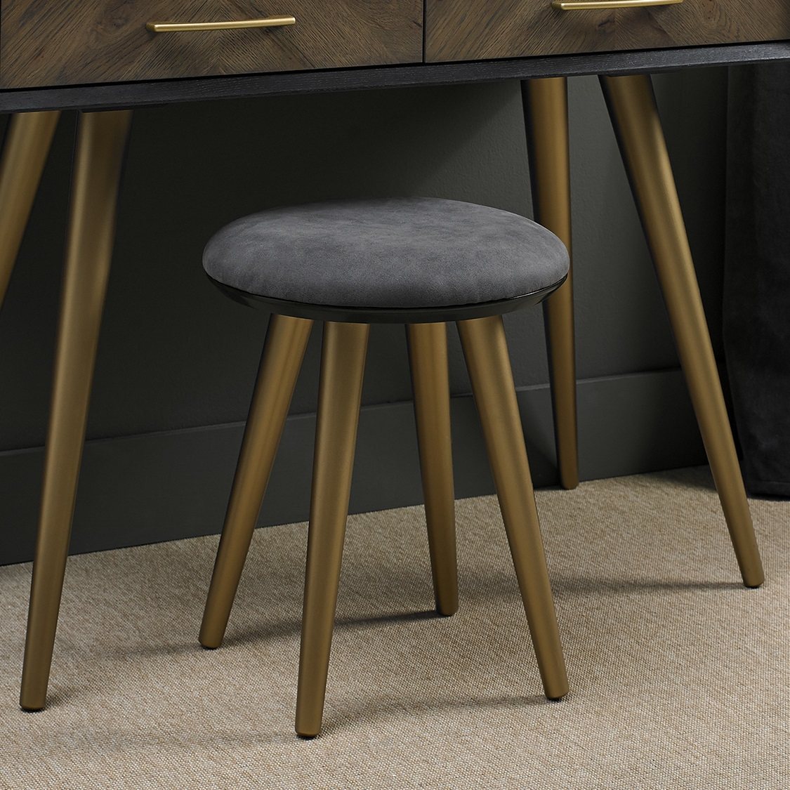 Modern Dark Grey Fabric Round Dressing Table Stool