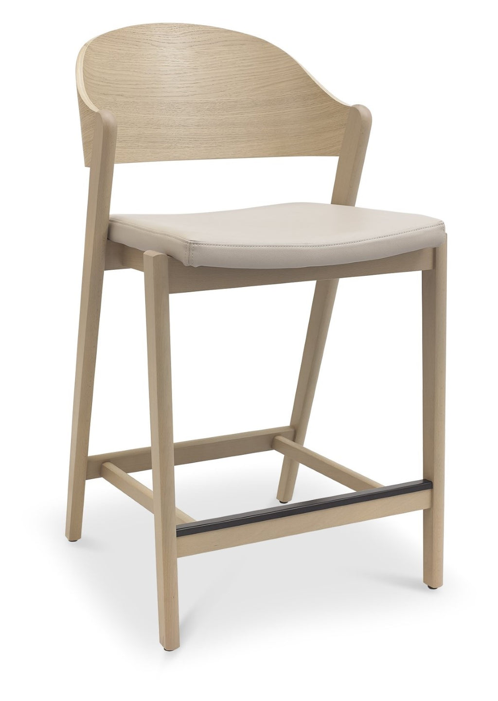 Ivory Cream Leather Curved Bar Stool Scandi Oak Frame - Home Furniture Interiors
