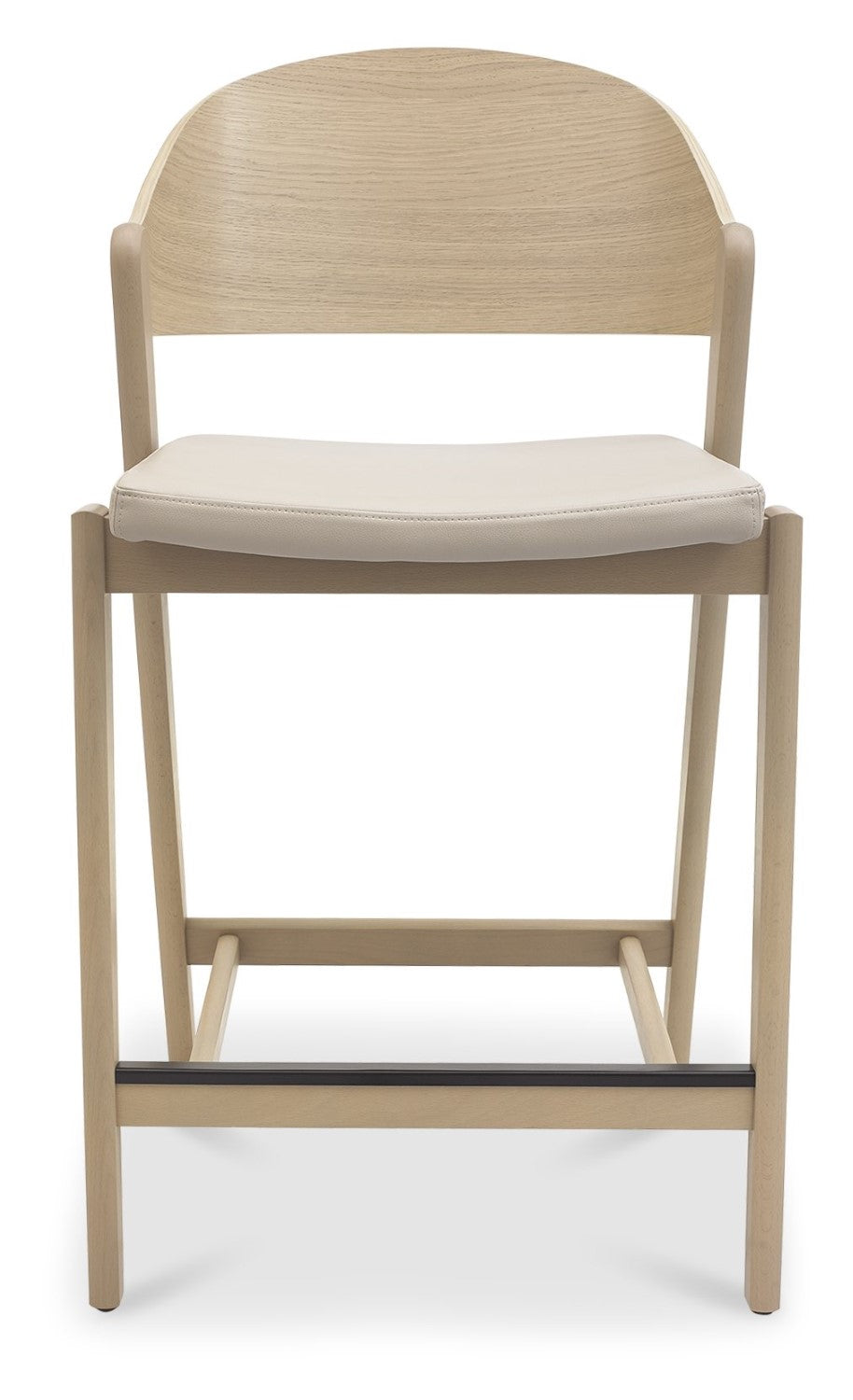 Ivory Cream Leather Curved Bar Stool Scandi Oak Frame - Home Furniture Interiors