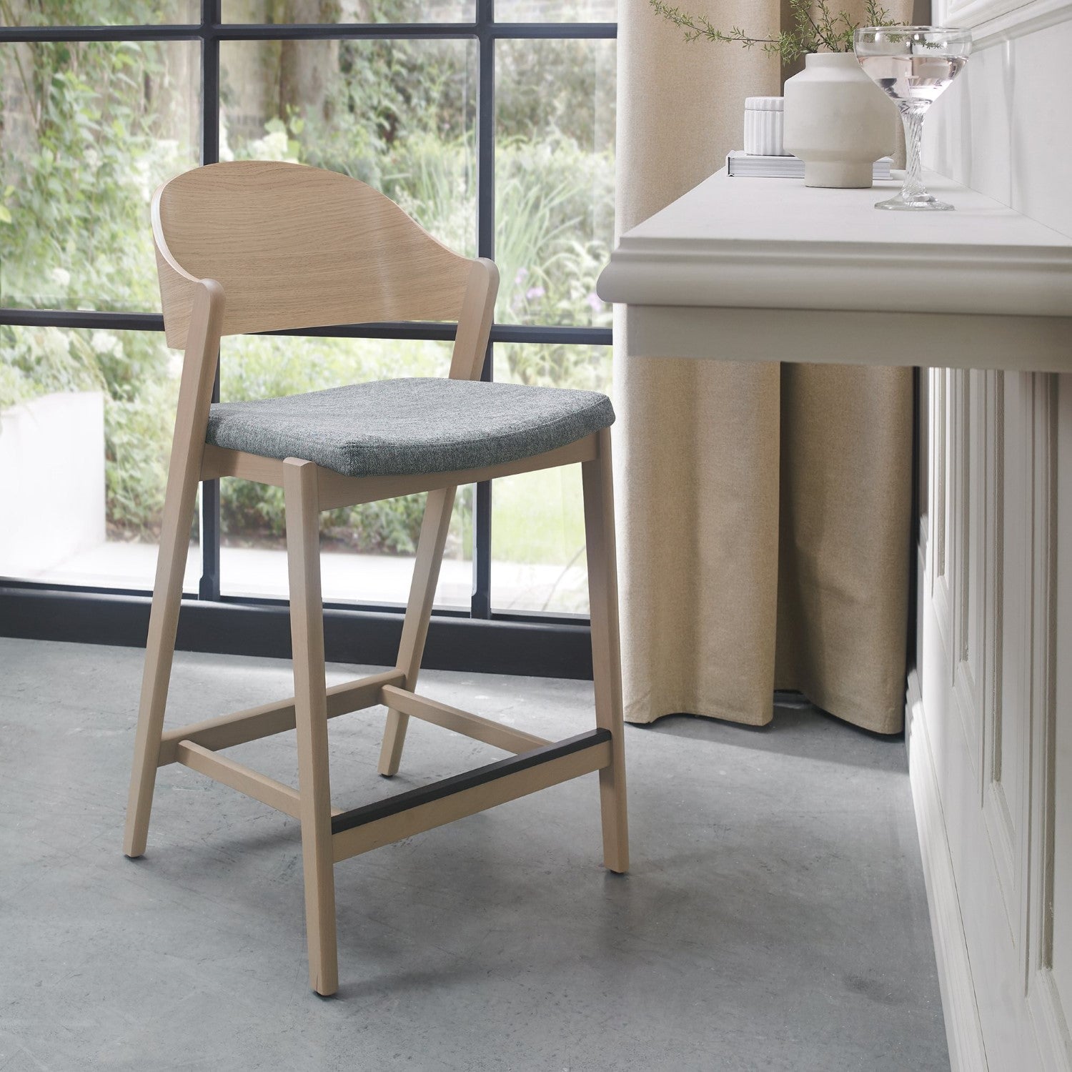 Scandi Oak Bar Stool with Grey Fabric Padded Seat
