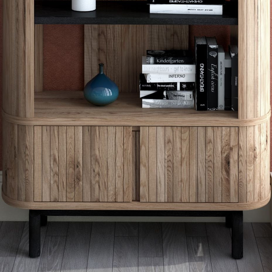 Grey Oiled Oak And Peppercorn Open Display Shelving Unit - Home Furniture Interiors