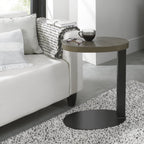 Dark Oak Oval Over Arm Sofa Table Black Metal Base