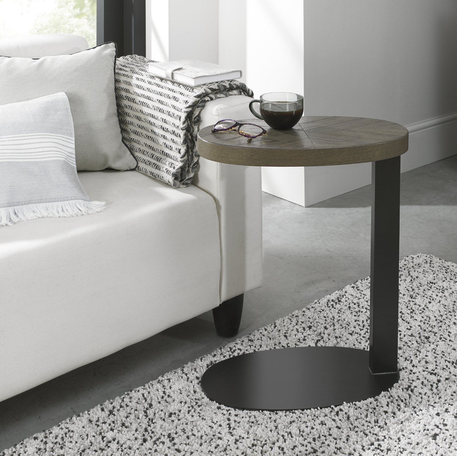 Dark Oak Oval Over Arm Sofa Table Black Metal Base