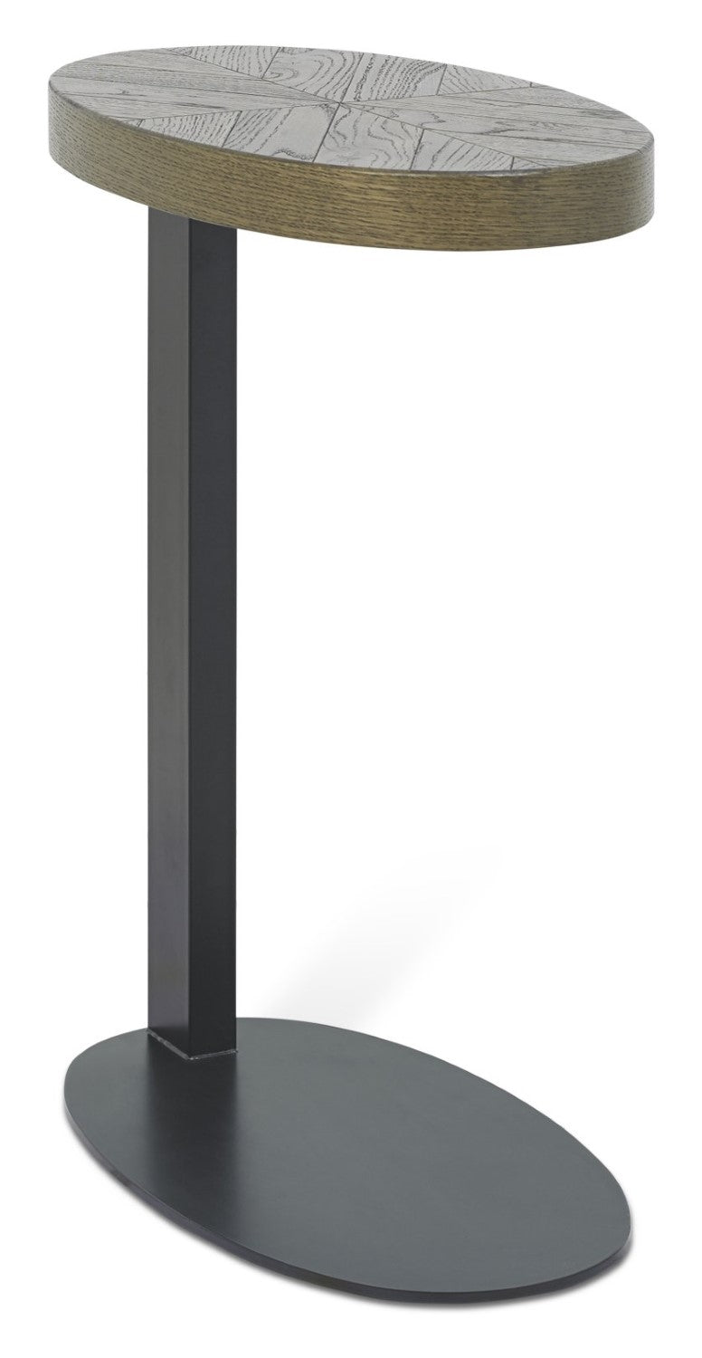 Dark Oak Oval Over Arm Sofa Table Black Metal Base - Home Furniture Interiors