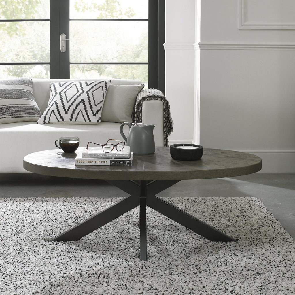 Fumed Dark Oak Wood Large Oval Coffee Table Black Metal Legs