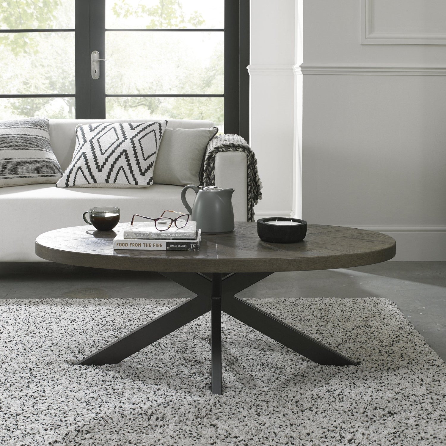 Fumed Dark Oak Wood Large Oval Coffee Table Black Metal Legs
