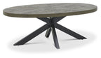 Fumed Dark Oak Wood Large Oval Coffee Table Black Metal Legs - Home Furniture Interiors