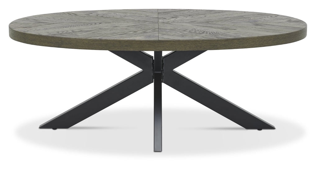 Fumed Dark Oak Wood Large Oval Coffee Table Black Metal Legs - Home Furniture Interiors