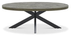 Fumed Dark Oak Wood Large Oval Coffee Table Black Metal Legs - Home Furniture Interiors