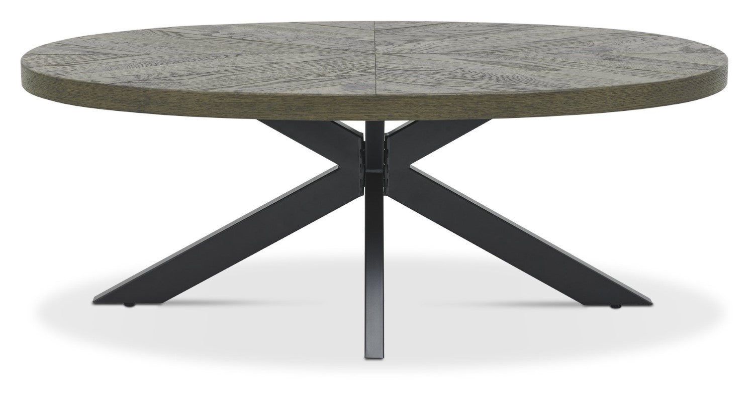 Fumed Dark Oak Wood Large Oval Coffee Table Black Metal Legs - Home Furniture Interiors