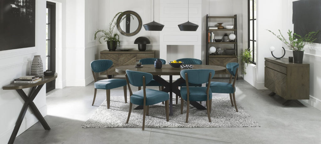 Dark Oak Blue Velvet Fabric Diamond Stitched Dining Chair - Home Furniture Interiors