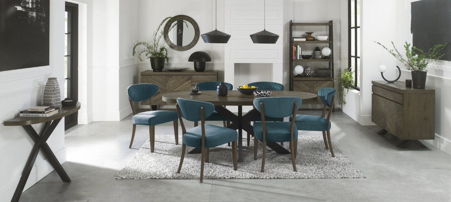 Dark Oak Blue Velvet Fabric Diamond Stitched Dining Chair - Home Furniture Interiors