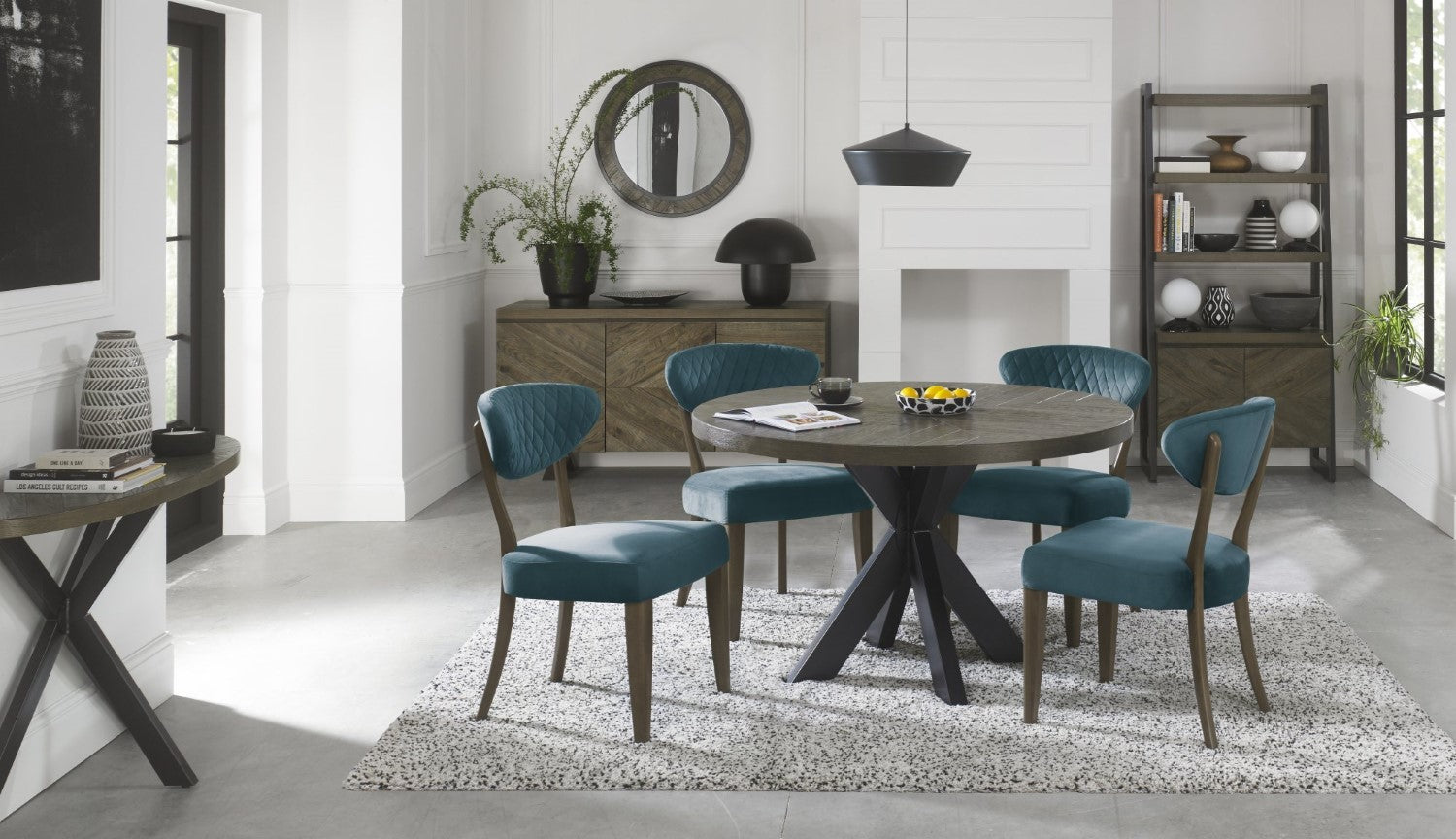 Dark Oak Blue Velvet Fabric Diamond Stitched Dining Chair - Home Furniture Interiors