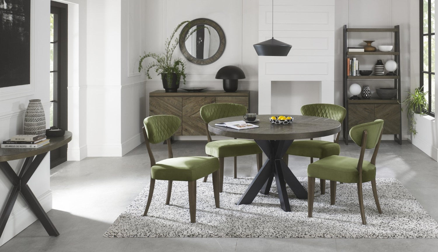 Dark Oak Green Velvet Fabric Diamond Stitched Dining Chair - Home Furniture Interiors