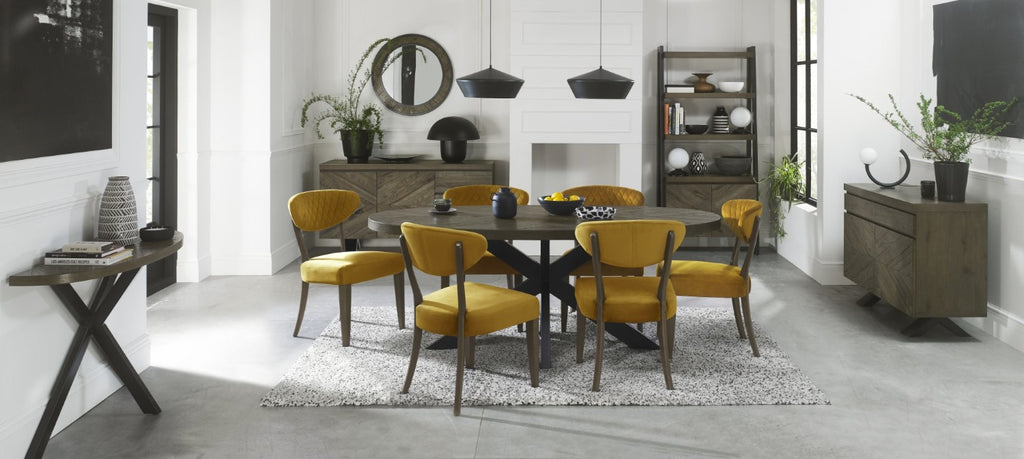 Dark Oak Yellow Velvet Fabric Diamond Stitched Dining Chair - Home Furniture Interiors