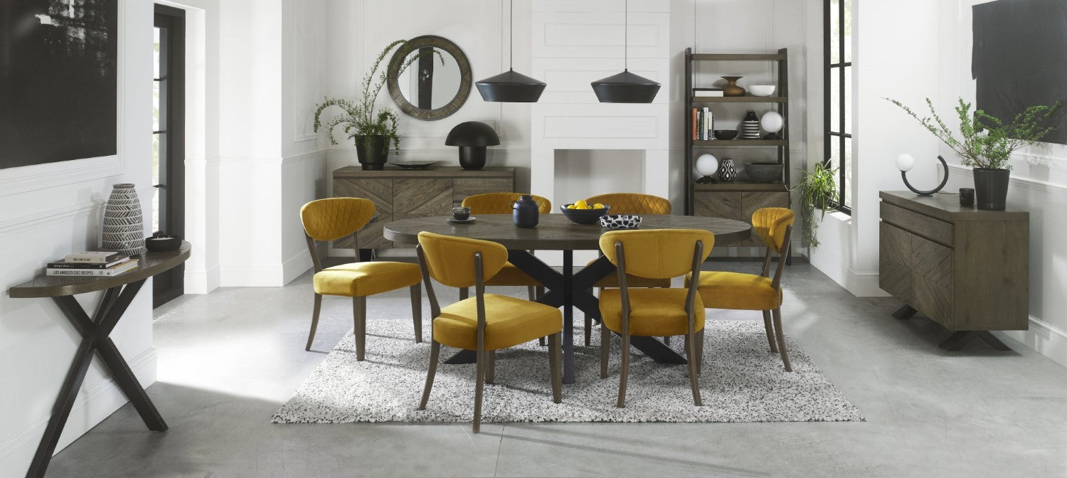 Dark Oak Yellow Velvet Fabric Diamond Stitched Dining Chair - Home Furniture Interiors