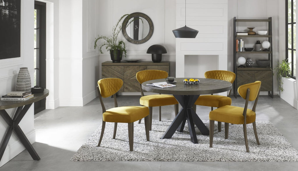 Dark Oak Yellow Velvet Fabric Diamond Stitched Dining Chair - Home Furniture Interiors