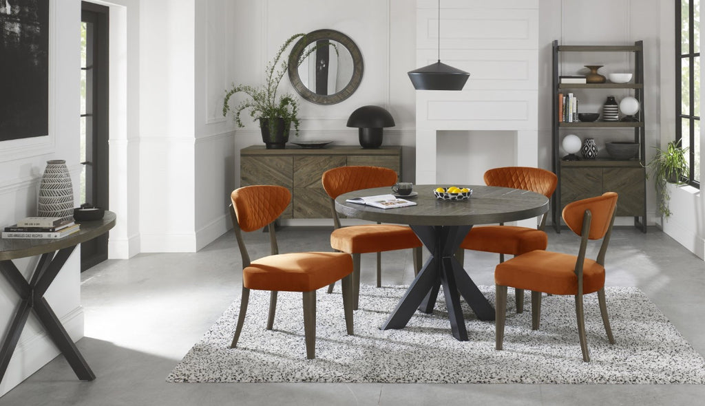 Dark Oak Orange Velvet Fabric Dining Chair Diamond Stitched - Home Furniture Interiors