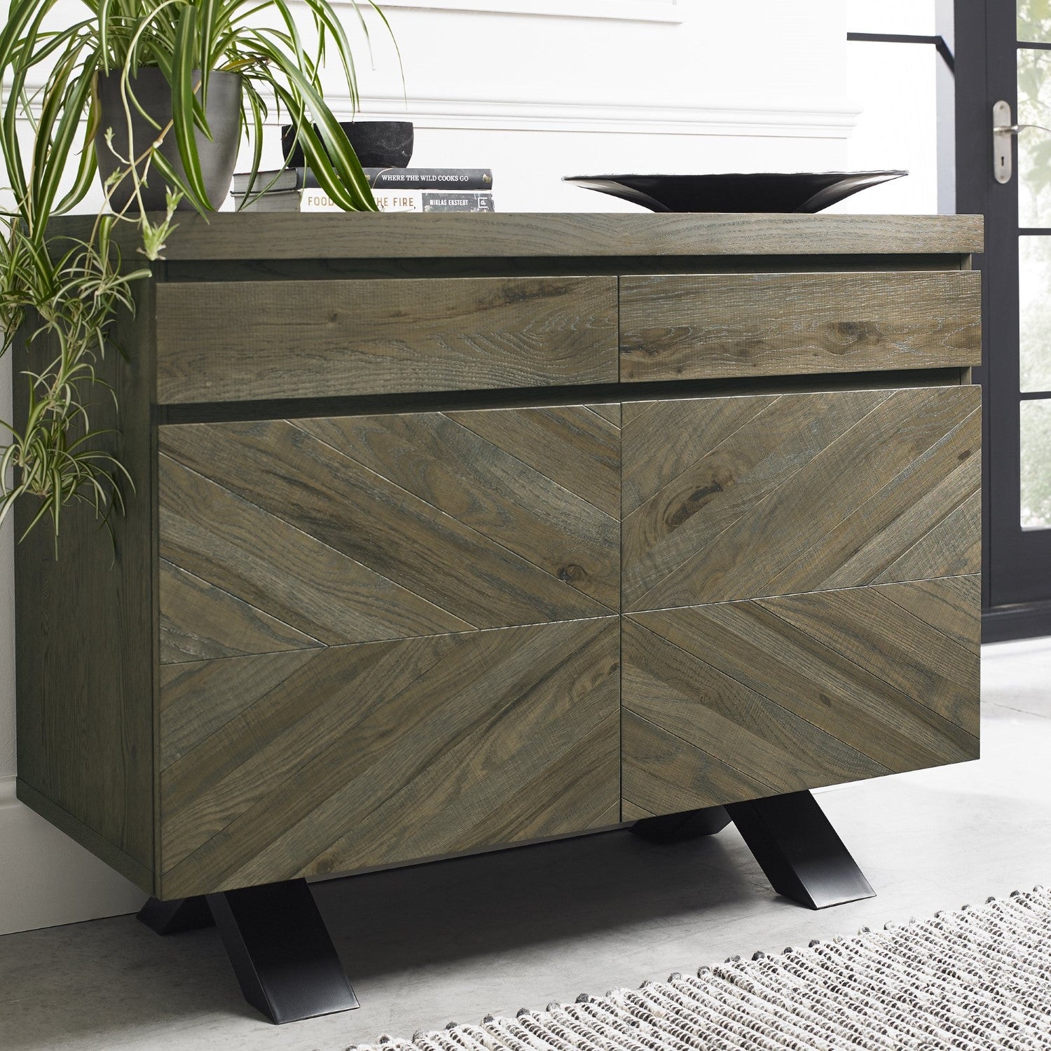 Dark Fumed Oak Chevron 2 Door Sideboard Storage Cabinet - Home Furniture Interiors