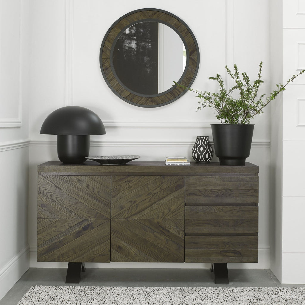 Fumed Dark Oak Wide Sideboard Black Metal Base