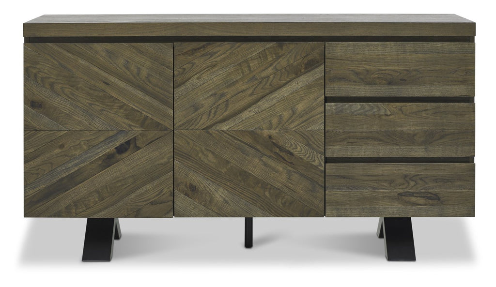 Fumed Dark Oak Wide Sideboard Black Metal Base - Home Furniture Interiors
