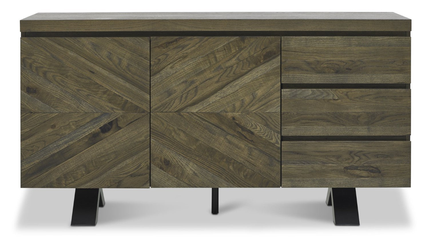 Fumed Dark Oak Wide Sideboard Black Metal Base - Home Furniture Interiors
