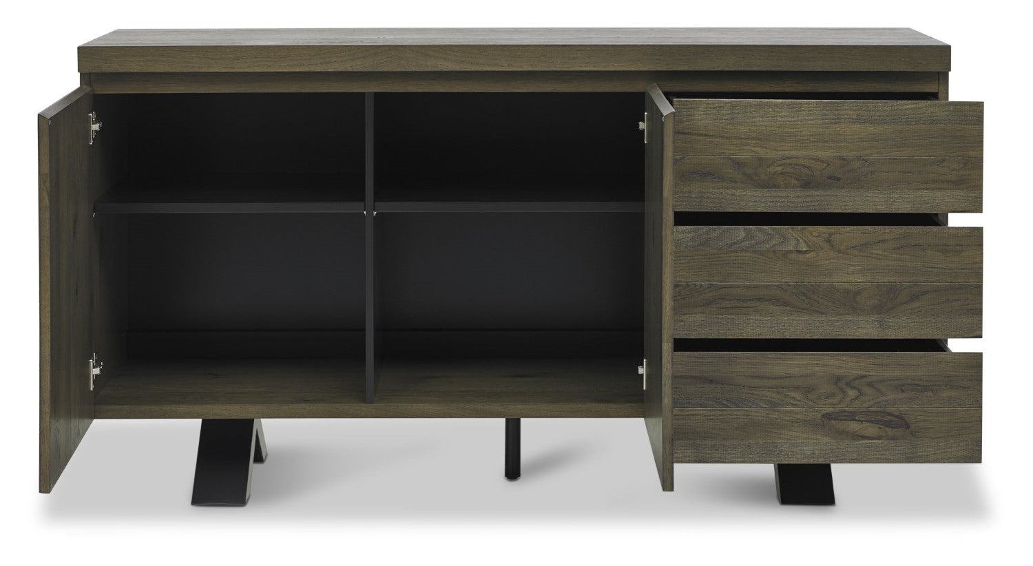Fumed Dark Oak Wide Sideboard Black Metal Base - Home Furniture Interiors
