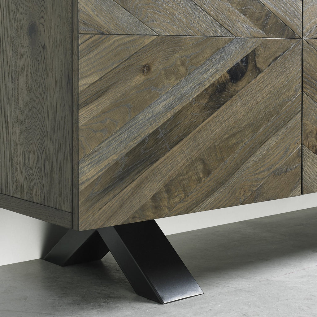 Fumed Dark Oak Wide Sideboard Black Metal Base - Home Furniture Interiors