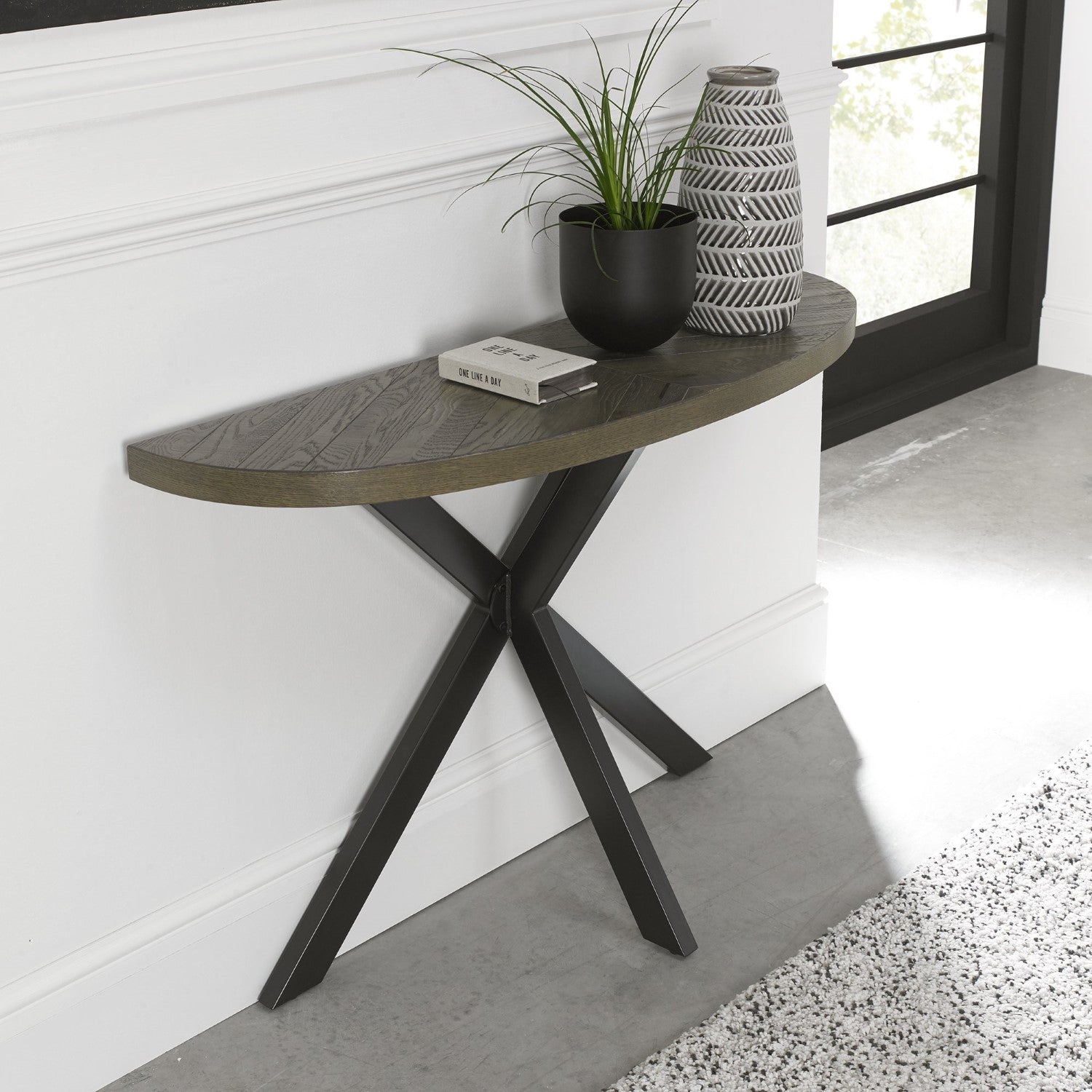Dark Oak Top Half Circle Console Table Black Metal Legs