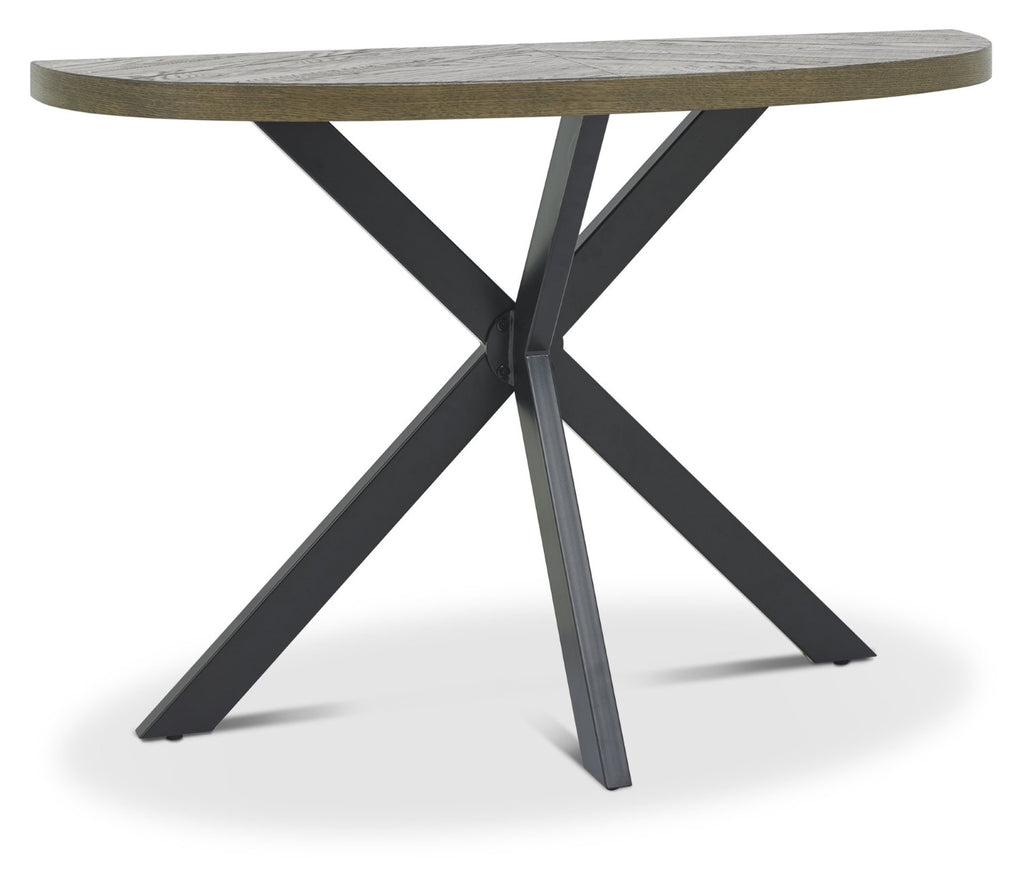 Dark Oak Top Half Circle Console Table Black Metal Legs - Home Furniture Interiors