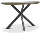 Dark Oak Top Half Circle Console Table Black Metal Legs - Home Furniture Interiors