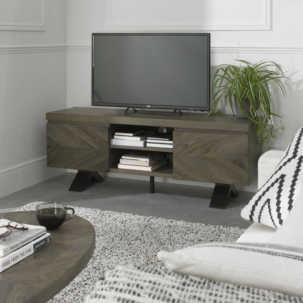 Large Dark Oak Wood 2 Door TV Unit