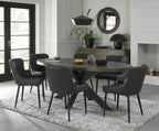 Dark Oak Oval Dining Table Set 6 Dark Grey Leather Chairs