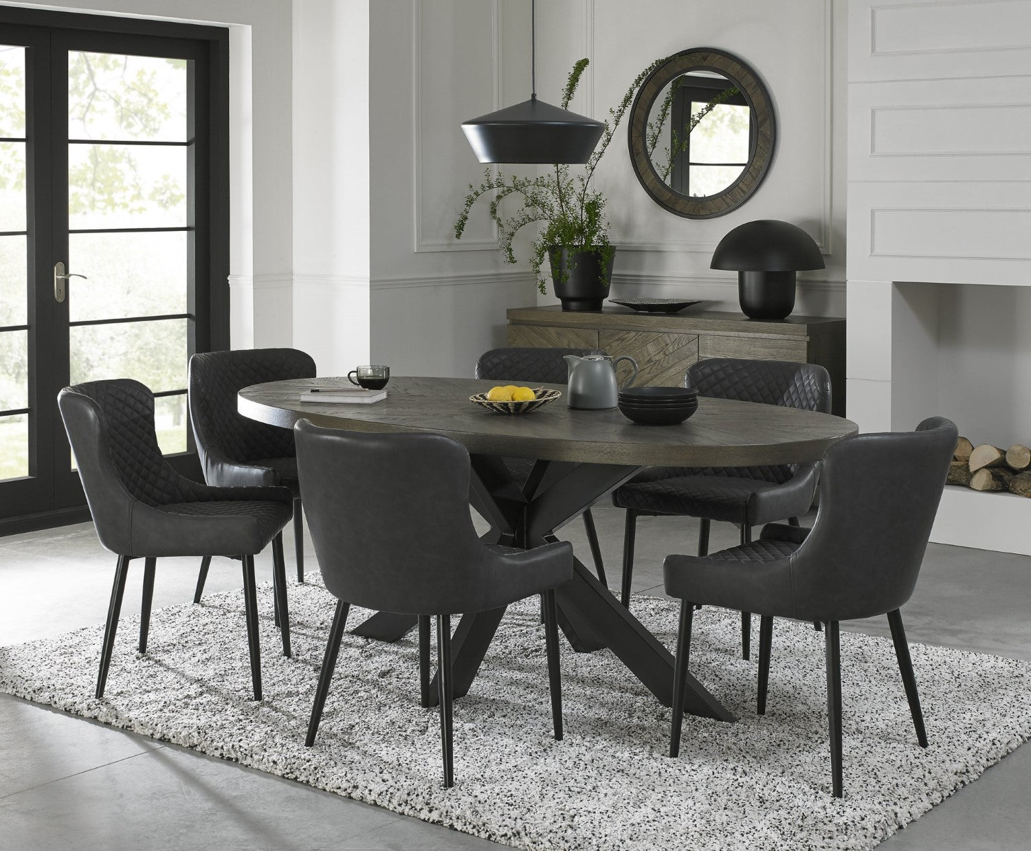 Dark Oak Oval Dining Table Set 6 Dark Grey Leather Chairs