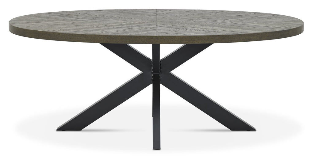 Dark Oak Oval Dining Table Set 6 Dark Grey Leather Chairs - Home Furniture Interiors