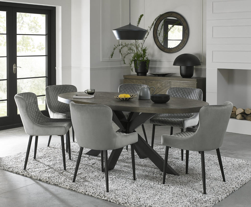 Dark Oak Oval Dining Table Set 6 Grey Velvet Fabric Chairs