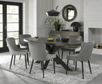 Dark Oak Oval Dining Table Set 6 Grey Velvet Fabric Chairs