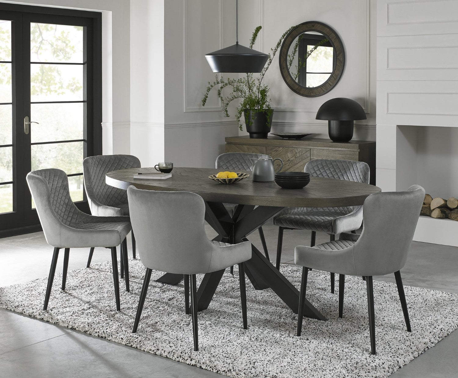 Dark Oak Oval Dining Table Set 6 Grey Velvet Fabric Chairs
