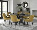 Dark Oak Oval Dining Table Set 6 Yellow Velvet Fabric Chairs