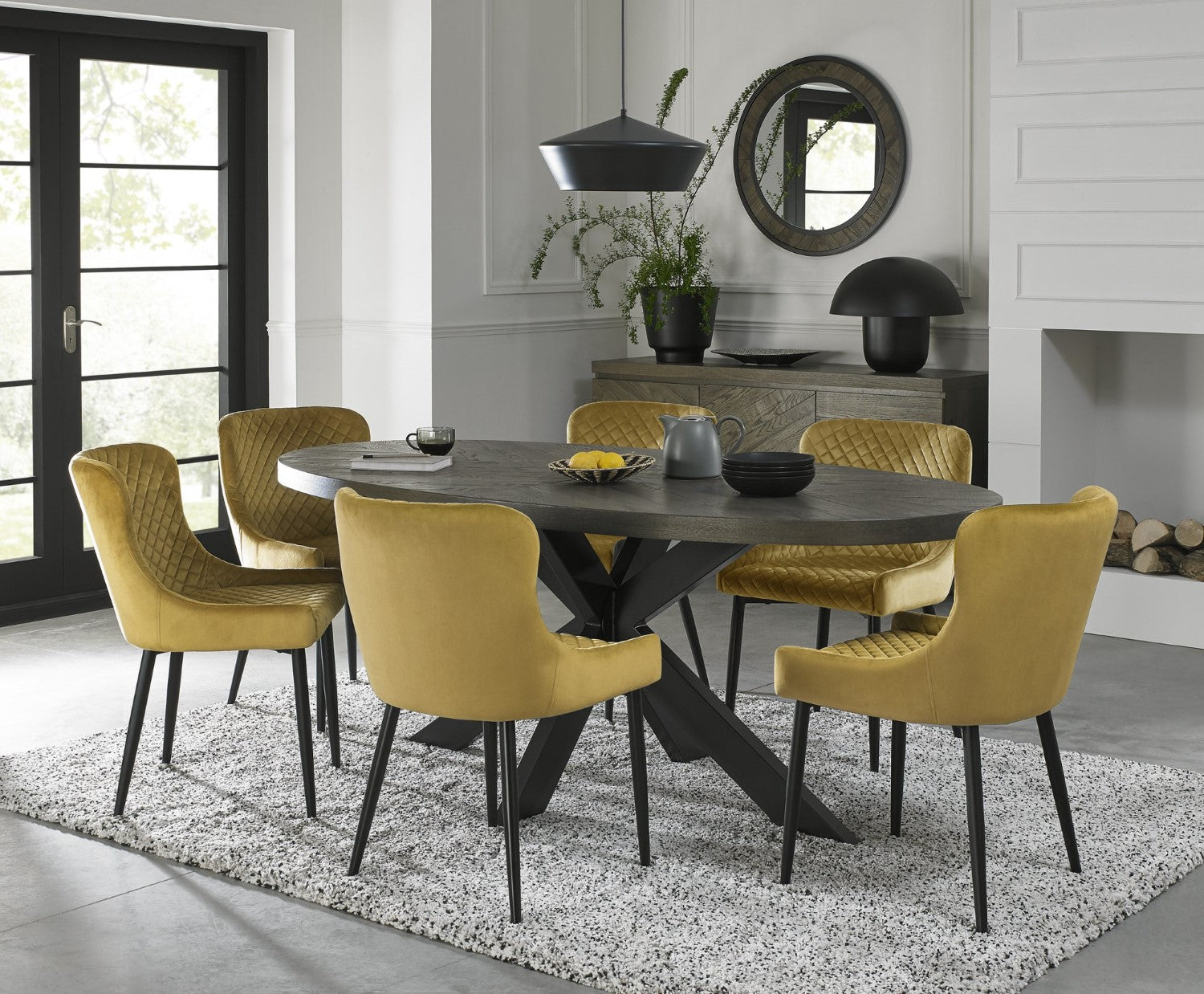 Dark Oak Oval Dining Table Set 6 Yellow Velvet Fabric Chairs