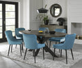 Dark Oak Oval Dining Table Set 6 Blue Velvet Fabric Chairs