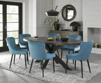 Dark Oak Oval Dining Table Set 6 Blue Velvet Fabric Chairs