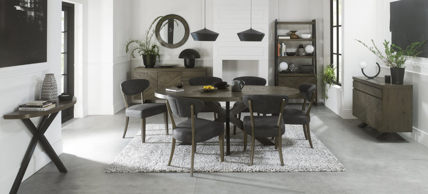 Dark Oak Large Oval Dining Table Set 6 Grey Fabric Chairs - Home Furniture Interiors
