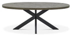 Dark Oak Oval Large Dining Table 6 Grey Leather Chairs Set - Home Furniture Interiors
