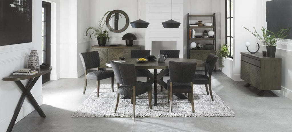 Dark Oak Oval Dining Set with 6 Dark Grey Dining Chairs - Home Furniture Interiors