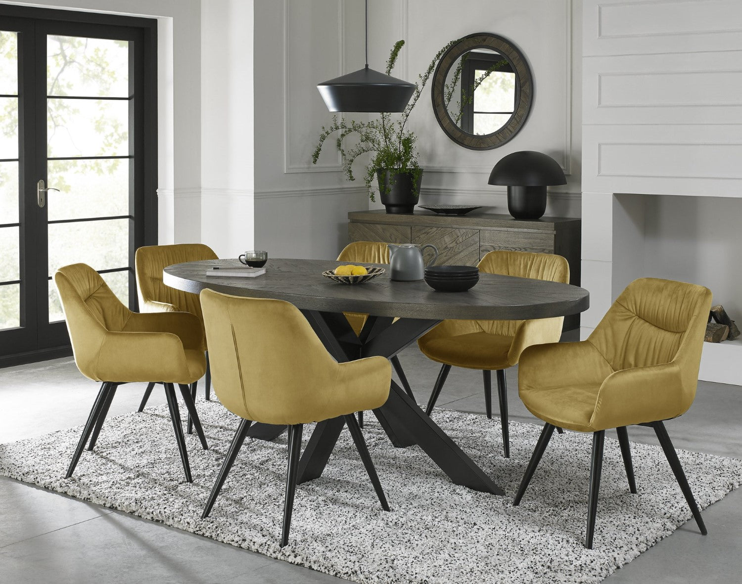 Dark Oak Large Oval Dining Table Set 6 Yellow Velvet Chairs