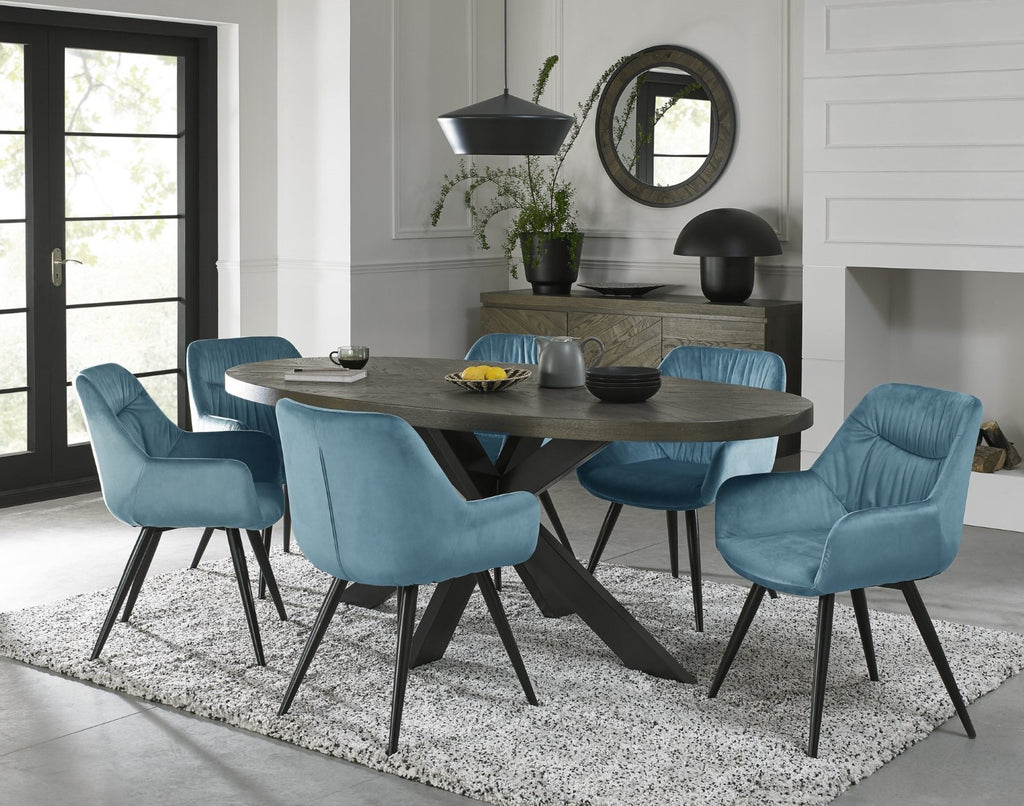 Dark Oak Oval Dining Table Set 6 Blue Velvet Chairs