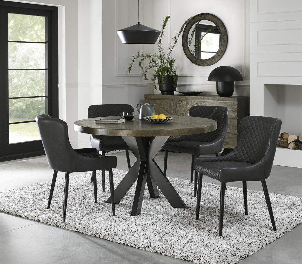 Dark Oak Small Dining Table Set 4 Dark Grey Leather Chairs