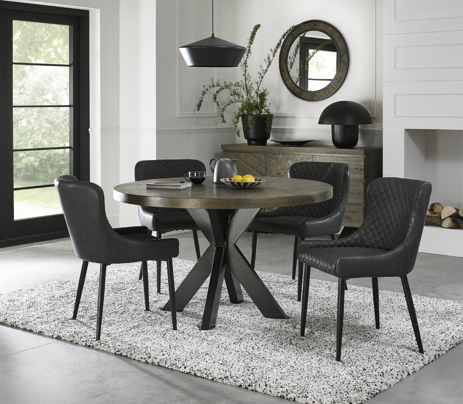 Dark Oak Small Dining Table Set 4 Dark Grey Leather Chairs